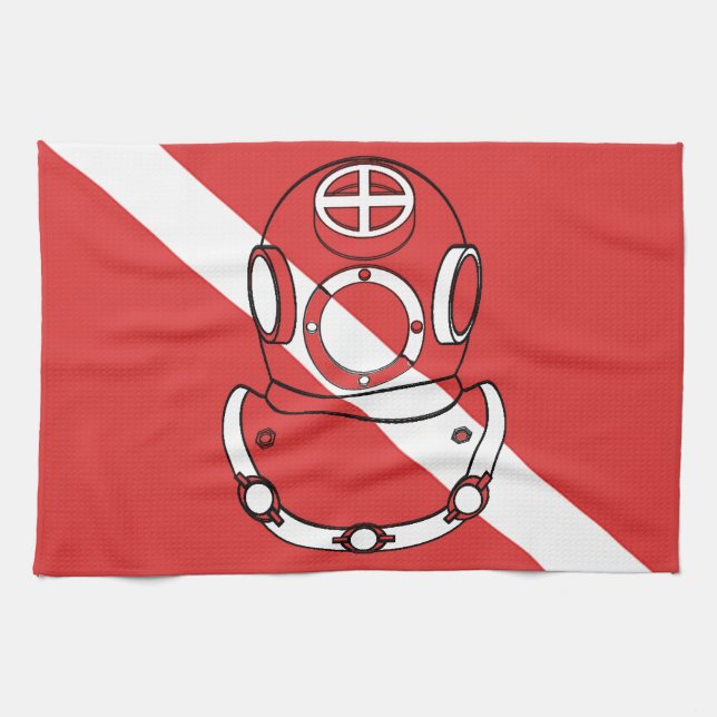 SCUBA DIVER HELMET RED WHITE DIVERS FLAG GIFT TEA TOWEL (Horizontal)