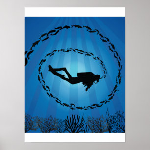 Scuba Diver in a Fish Shoal Poster