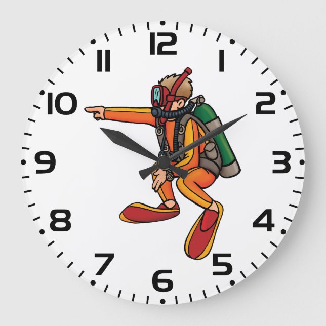 Scuba Diver in Orange Wetsuit Pointing Large Clock (Front)
