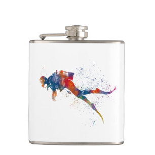 scuba diver in watercolor hip flask