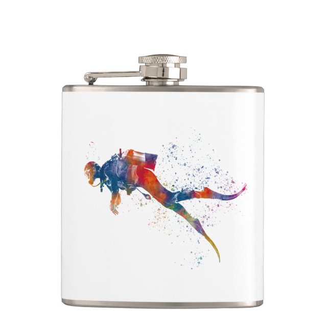 scuba diver in watercolor hip flask (Front)