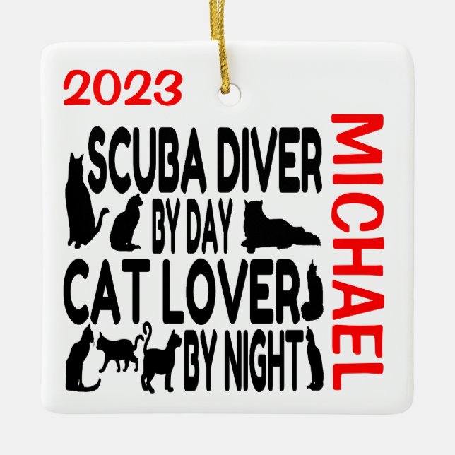 Scuba Diver Loves Cats CUSTOM Ceramic Ornament (Front)