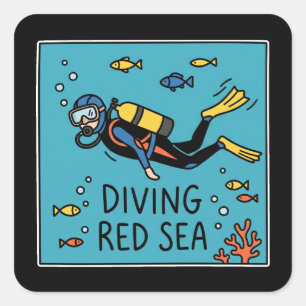 Scuba Diver Red Sea Doodle Square Sticker