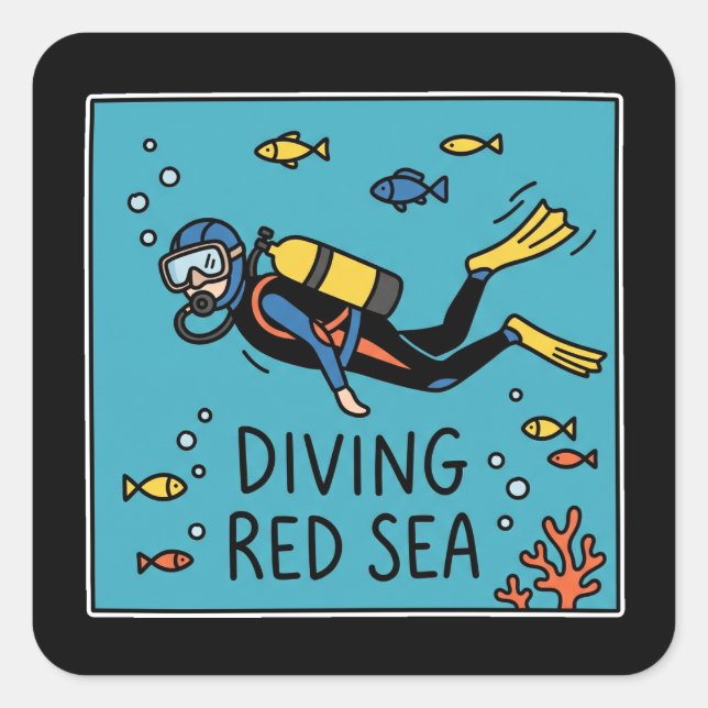Scuba Diver Red Sea Doodle Square Sticker (Front)