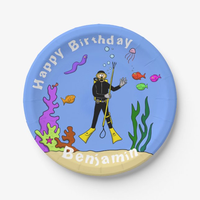 Scuba diver sea life cartoon paper plate (Front)