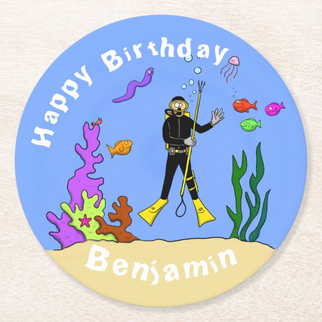 Scuba diver sea life cartoon round paper coaster (Front)