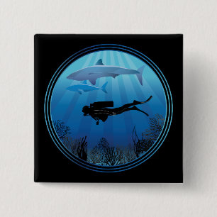 Scuba Diver Shark Diving 15 Cm Square Badge