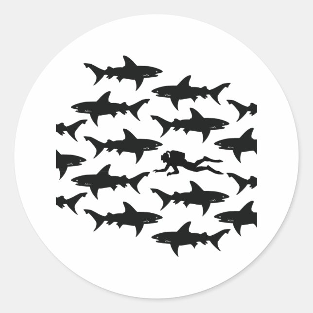 Scuba Diver Swimming with a School of Sharks Classic Round Sticker (Front)