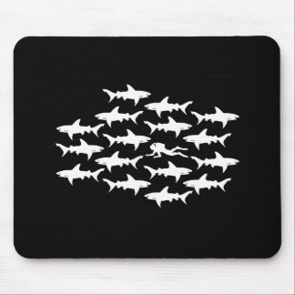 Scuba Diver Swimming with a School of Sharks Mouse Mat