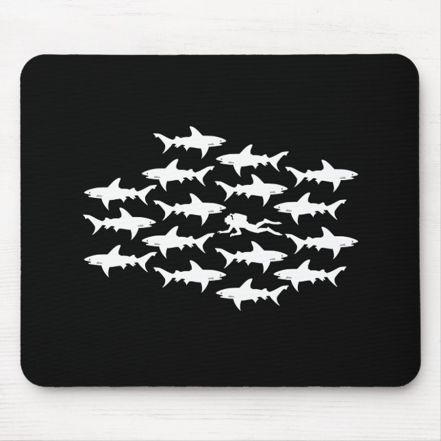 Scuba Diver Swimming with a School of Sharks Mouse Mat (Front)