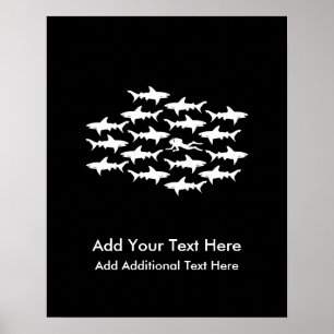 Scuba Diver Swimming with a School of Sharks Poster