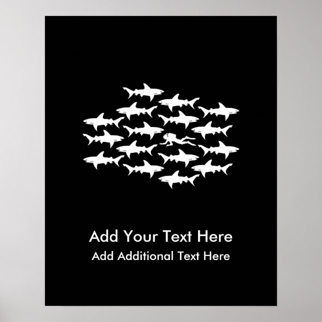 Scuba Diver Swimming with a School of Sharks Poster (Front)