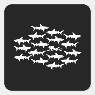Scuba Diver Swimming with a School of Sharks Square Sticker