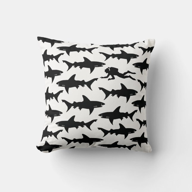 Scuba Diver Swimming with School of Sharks Cushion (Front)