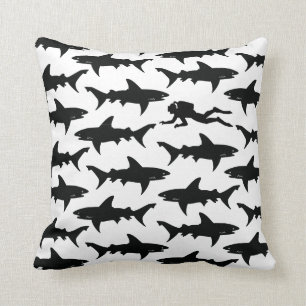 Scuba Diver Swimming with School of Sharks Cushion