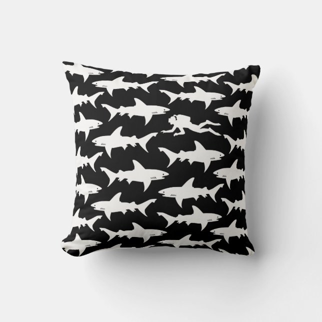Scuba Diver Swimming with School of Sharks Cushion (Front)