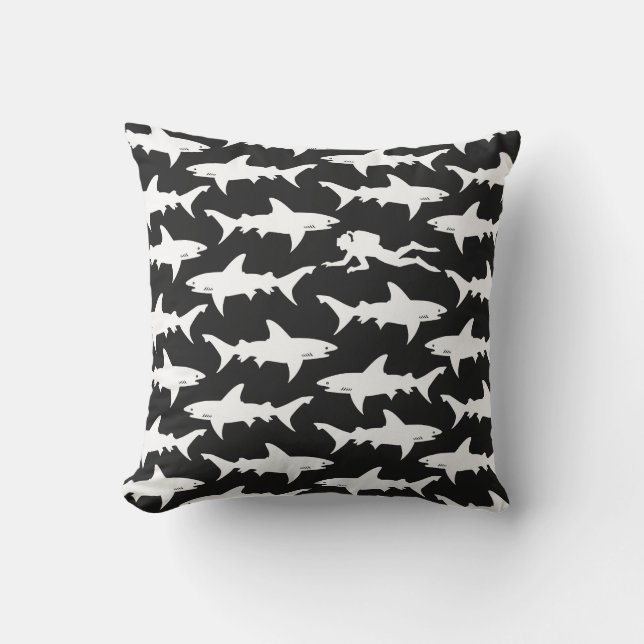 Scuba Diver Swimming with School of Sharks Outdoor Cushion (Front)