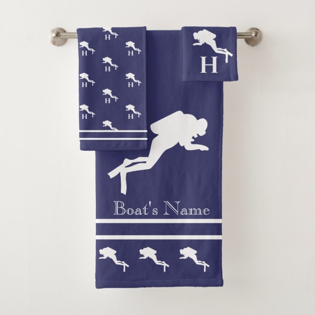 SCUBA DIVERS Monogrammed White Navy Grey Bath Towel Set (Insitu)