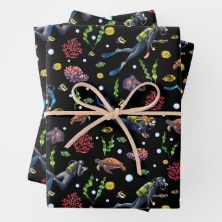 Scuba Divers Under Ocean Coral Tropical Fish Wrapping Paper Sheet