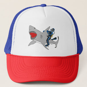 Scuba Diving Diver Riding a Great White Shark Trucker Hat