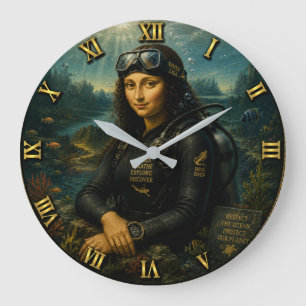 Scuba Diving Funny Mona Lisa Underwater Adventure Large Clock