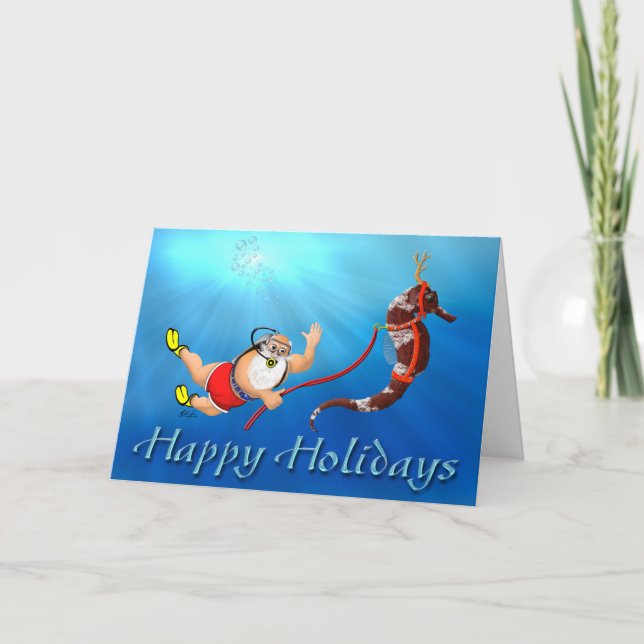 Scuba Diving Santa & Seahorse Happy Holidays Holiday Card (Front)