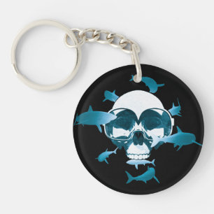 Scuba Diving Skull and Sharks Graphic Design Key Ring