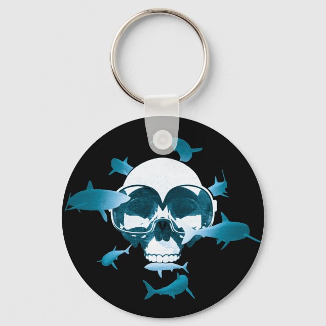 Scuba Diving Skull and Sharks Graphic Design Key Ring (Front)
