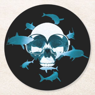 Scuba Diving Skull and Sharks Graphic Design Round Paper Coaster