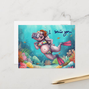 Scuba Hippo underwater I miss you Postcard