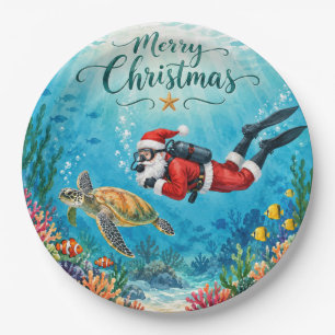 Scuba Santa Underwater Christmas Holiday Paper Plate