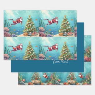Scuba Santa Underwater Christmas Holiday Wrapping Paper Sheet