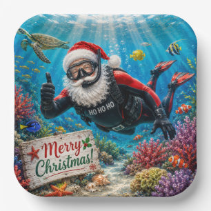 Scuba Santa Underwater Christmas Paper Plate