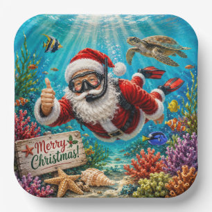 Scuba Santa Underwater Christmas Paper Plate