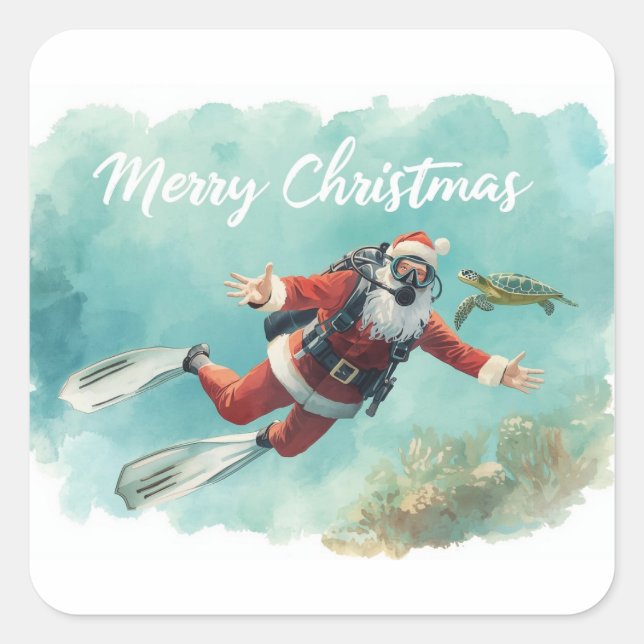 Scuba Santa Underwater Merry Christmas Square Sticker (Front)