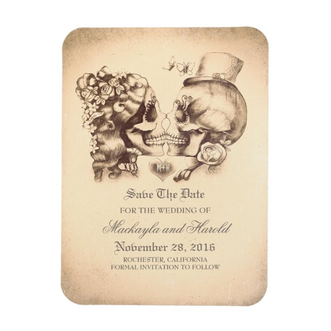 Scull couple Day of the Dead Save the Date Magnet (Vertical)