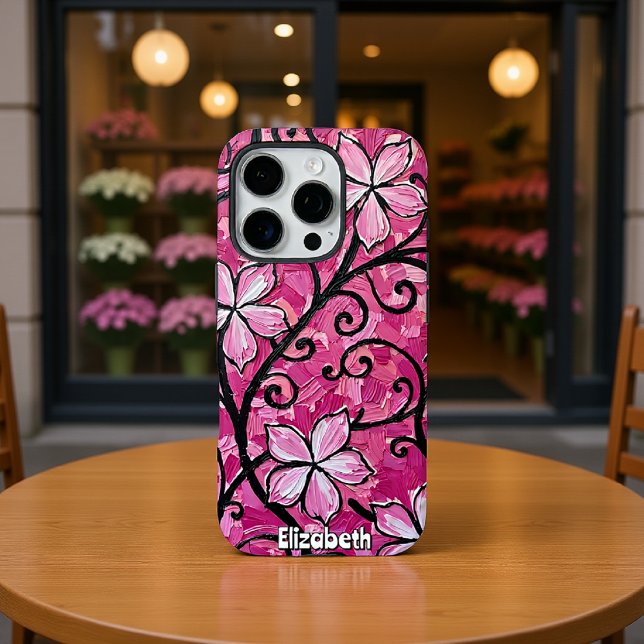 Sculpted Pink Flowers on Black Scrollwork Case-Mate iPhone Case (Creator Uploaded)