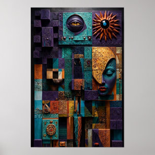 Sculptural Mosaic Oracle Wall - 3D Purple Teal Poster