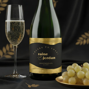 Sculptural Waves Wedding Gold Matte Black ID1312 Sparkling Wine Label