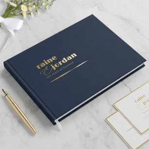 Sculptural Waves Wedding Gold Navy Blue ID1312 Guest Book