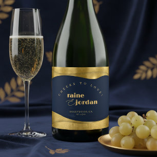 Sculptural Waves Wedding Gold Navy Blue ID1312 Sparkling Wine Label