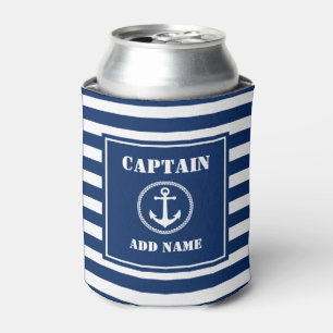 Sea Anchor Captain Add Name Boat Name Blue Stripe Can Cooler