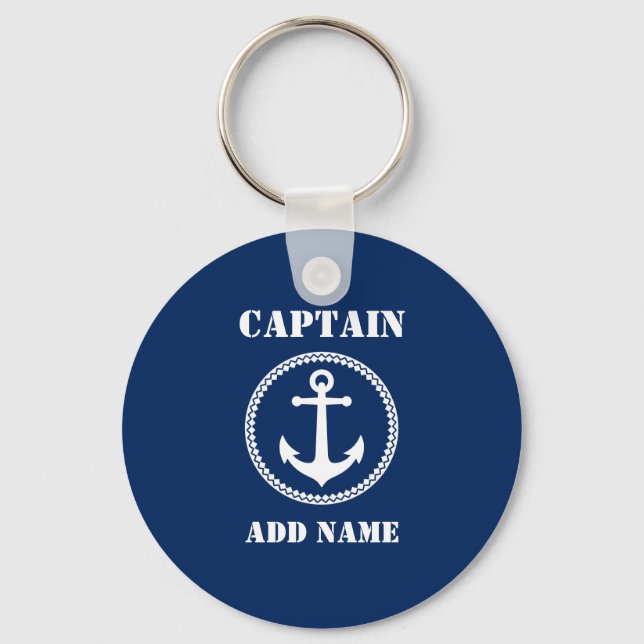 Sea Anchor Captain Add Name or Boat Name Navy Blue Key Ring (Front)