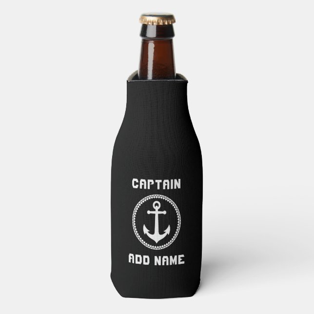 Sea Anchor Captain Name or Boat Name Black White Bottle Cooler (Bottle Front)