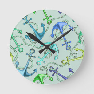 Sea Anchors And Rope Pattern Round Clock