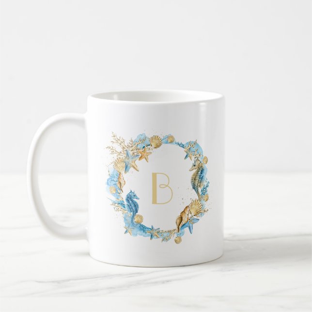 Sea and Beach Blue Gold Monogram Coffee Mug (Left)
