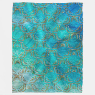 Sea and Mermaid Scales in aqua and gold Fleece Blanket