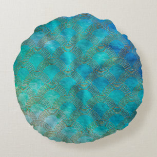 Sea and Mermaid Scales in aqua and gold Round Cushion