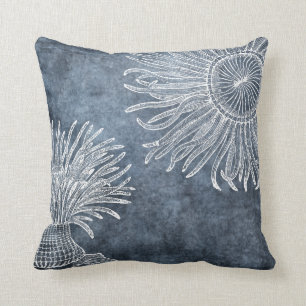 Sea Anemone Watercolor Ocean Navy Blue White Cushion