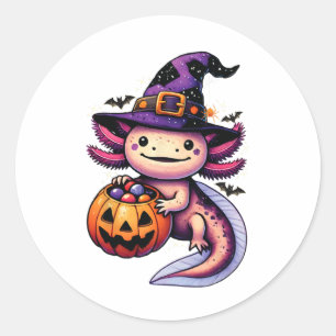 Sea Animal Lovers Axolotl Witch Hat Celebrating Ha Classic Round Sticker
